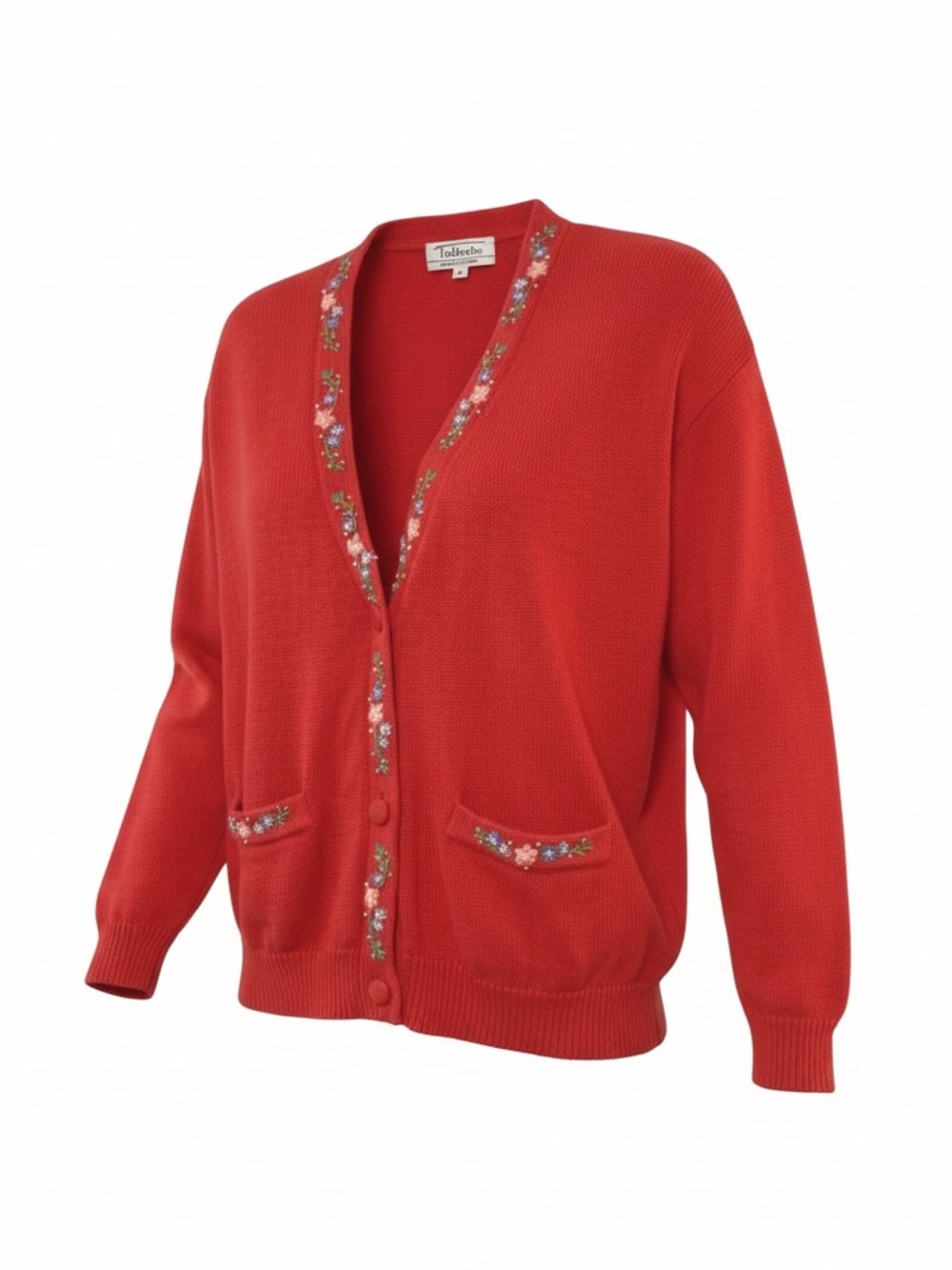 Vintage‎ Talbots Susan Bristol Red Floral Embroidered Cotton Holiday Cardigan